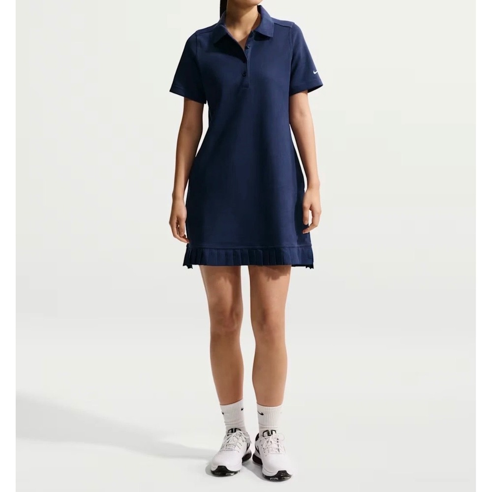 NWT Nike Womens Golf Polo Dress Large Pleated Hem Pique Breathable Navy Blue